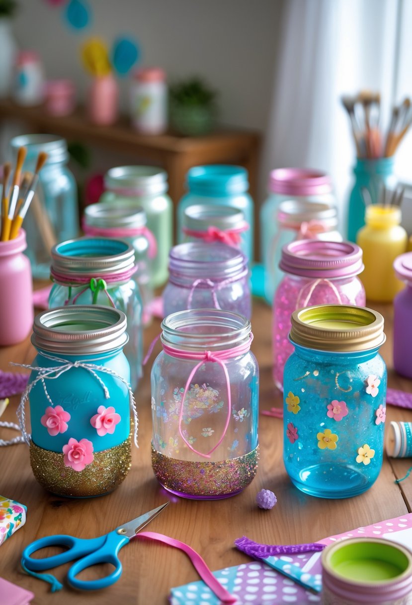 A table with 17 decorated mason jars featuring ribbons, paint, and flowers, surrounded by craft supplies in a cozy indoor setting.