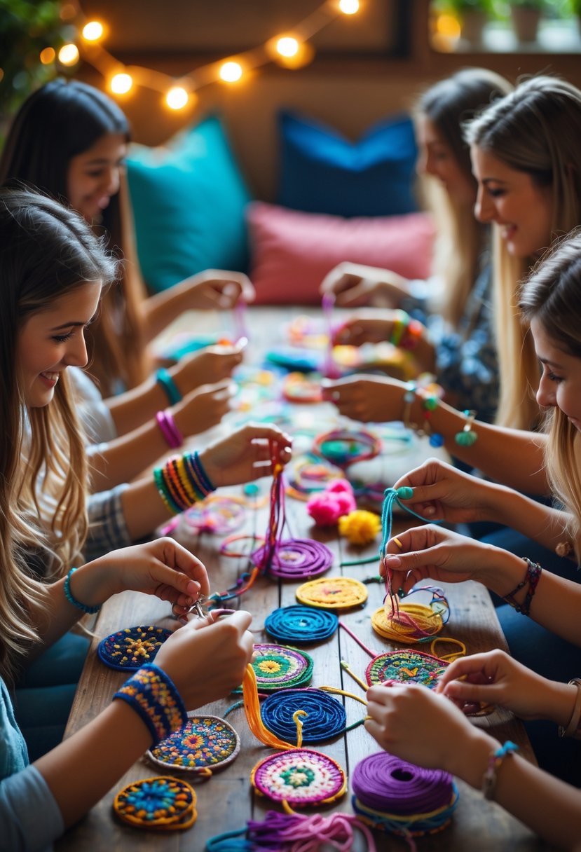 A group of young women making colorful friendship bracelets together around a table filled with craft supplies.