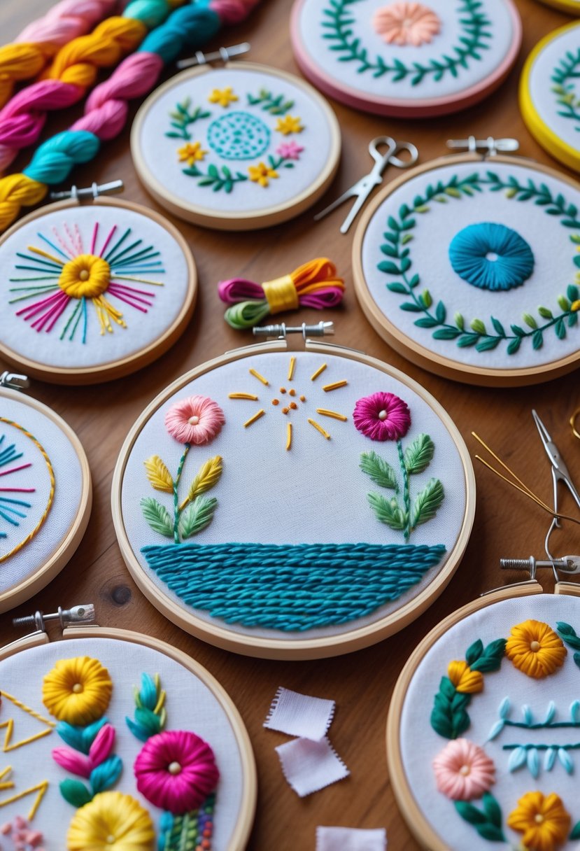 A table with colorful embroidery hoop art and crafting supplies arranged for a DIY girls' night project.