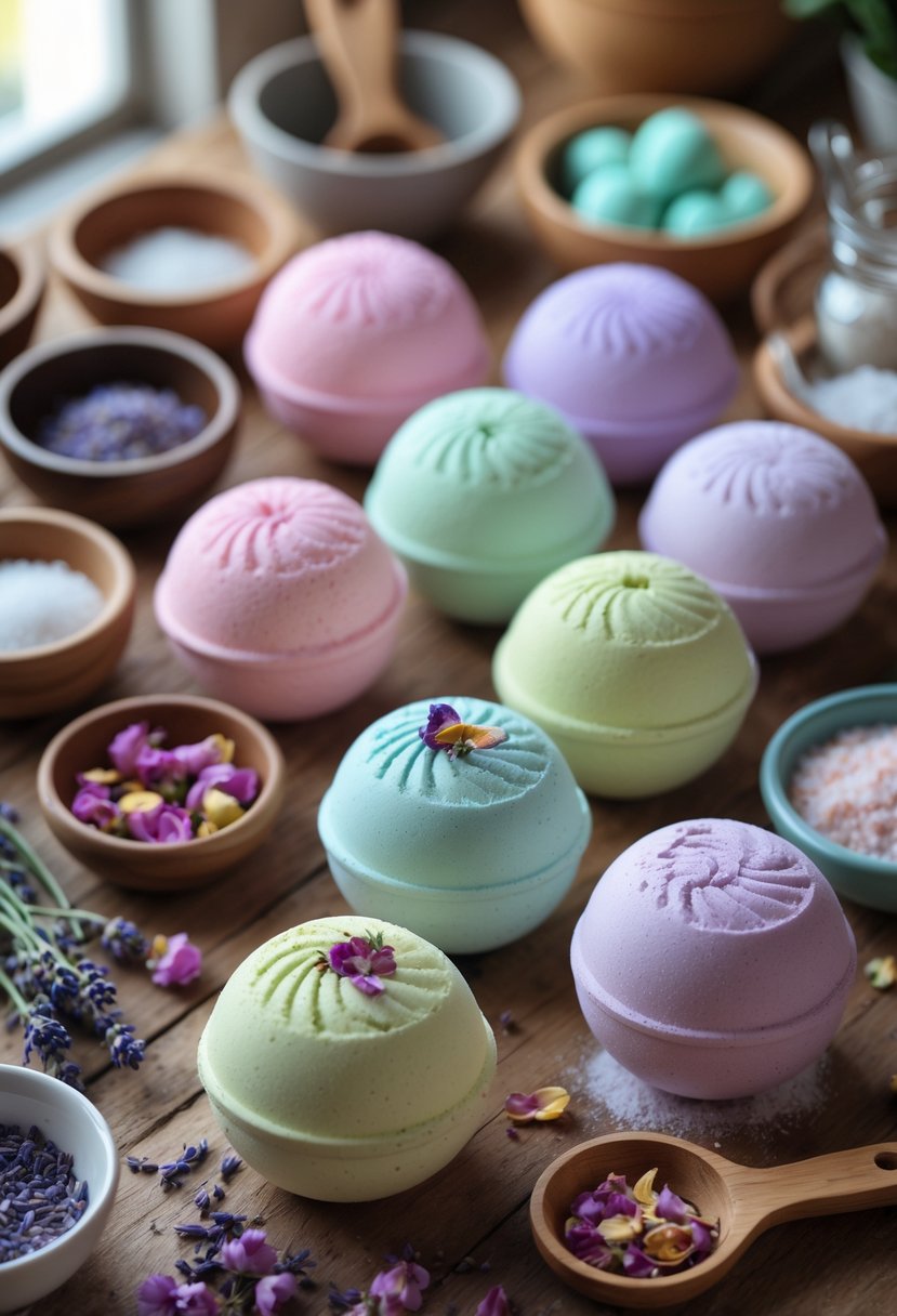 A wooden table with colorful scented bath bombs, dried flowers, and crafting tools arranged for a DIY bath bomb project.