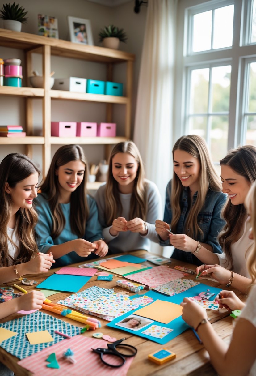 A group of young women sitting around a table making scrapbooks with craft supplies in a cozy room.