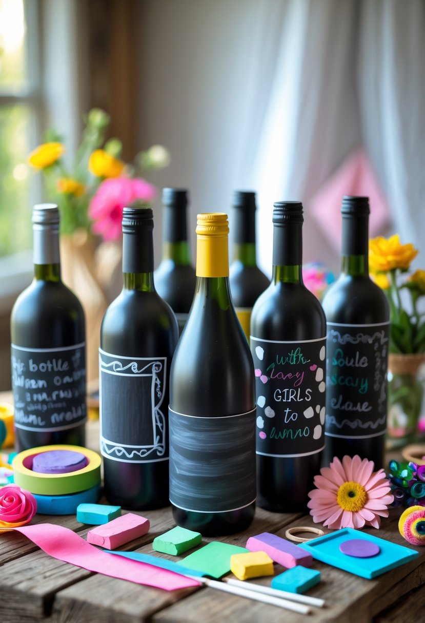 Wine bottles painted with chalkboard paint displayed on a table with craft supplies around them.