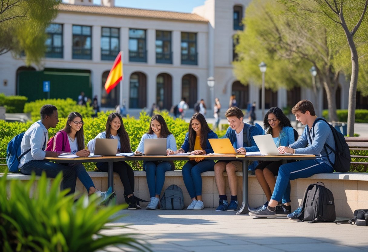 A group of diverse students studying together outdoors on a university campus in Spain with modern buildings and greenery in the background.