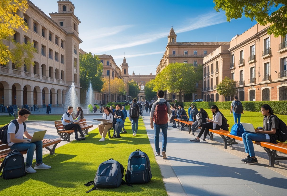 A diverse group of students studying and walking on a university campus in Spain with historic and modern buildings in the background.