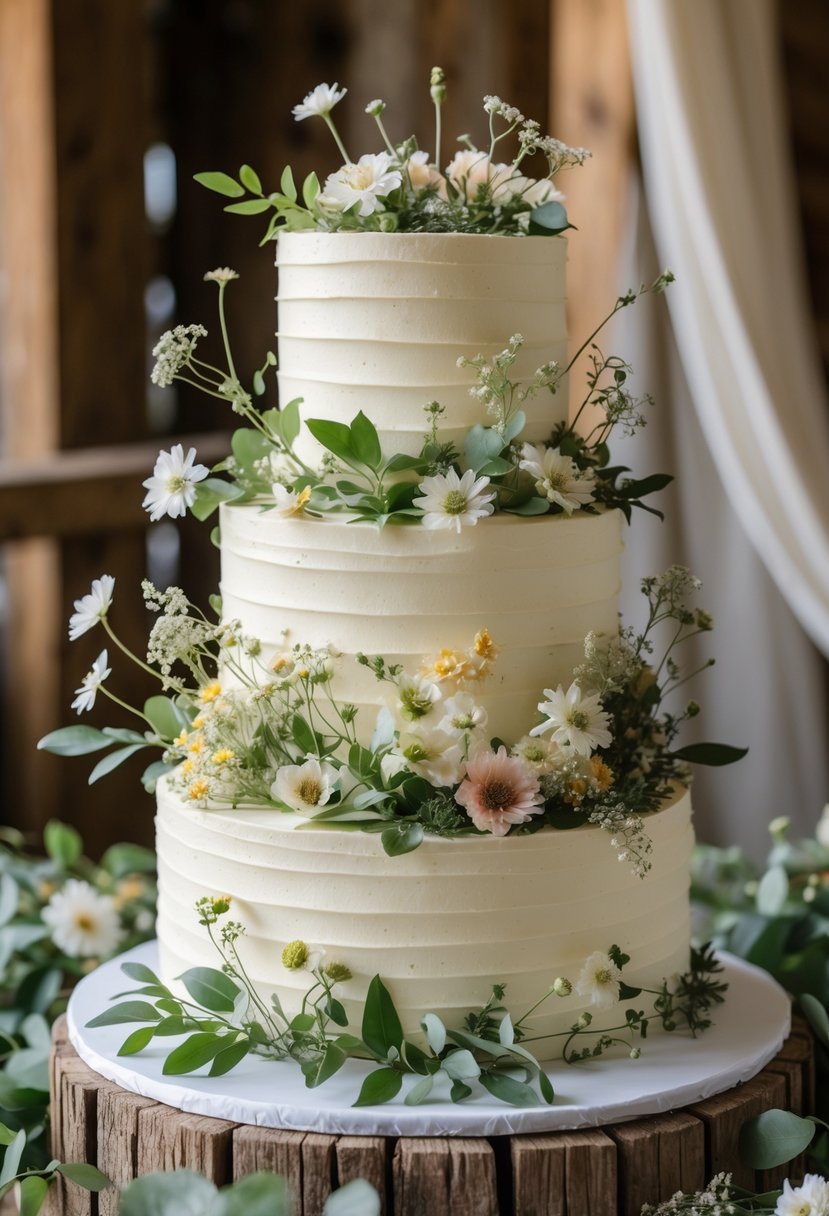 A buttercream cake decorated with wildflowers and greenery on a rustic surface.