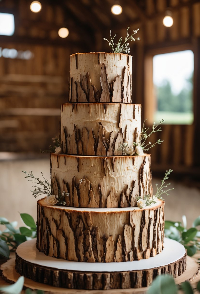 A multi-tiered wedding cake designed to look like tree bark and wood slices, decorated with small flowers and greenery.