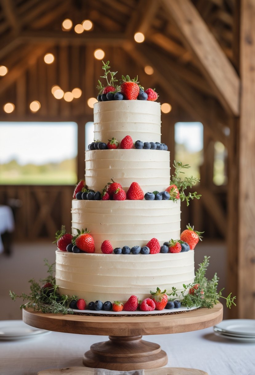 A three-tier wedding cake decorated with fresh berries and thyme on a wooden stand in a barn setting.