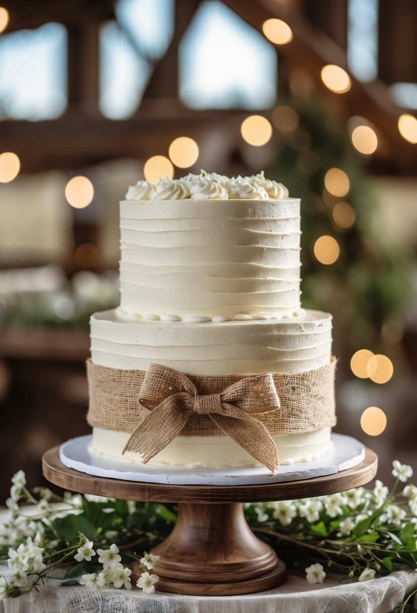 A rustic buttercream wedding cake wrapped with a burlap ribbon, displayed on a wooden stand with floral decorations.