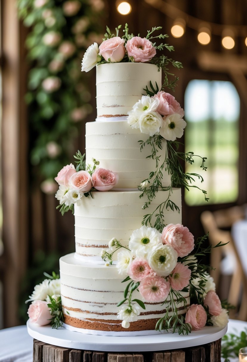 A white multi-tiered wedding cake decorated with cascading fresh flowers.