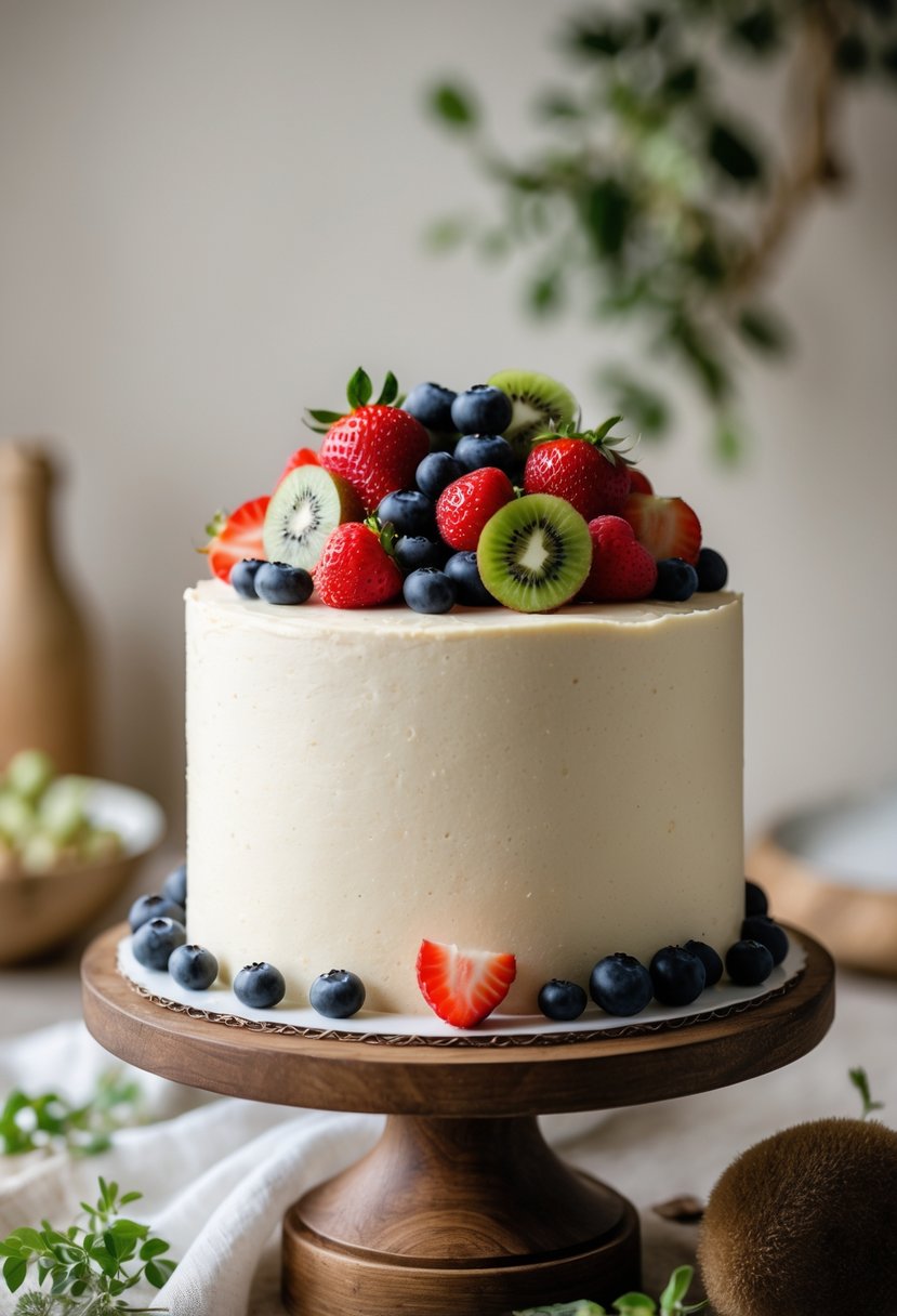 A simple vanilla cake topped with fresh seasonal fruits including strawberries, blueberries, raspberries, and kiwi, displayed on a wooden stand.