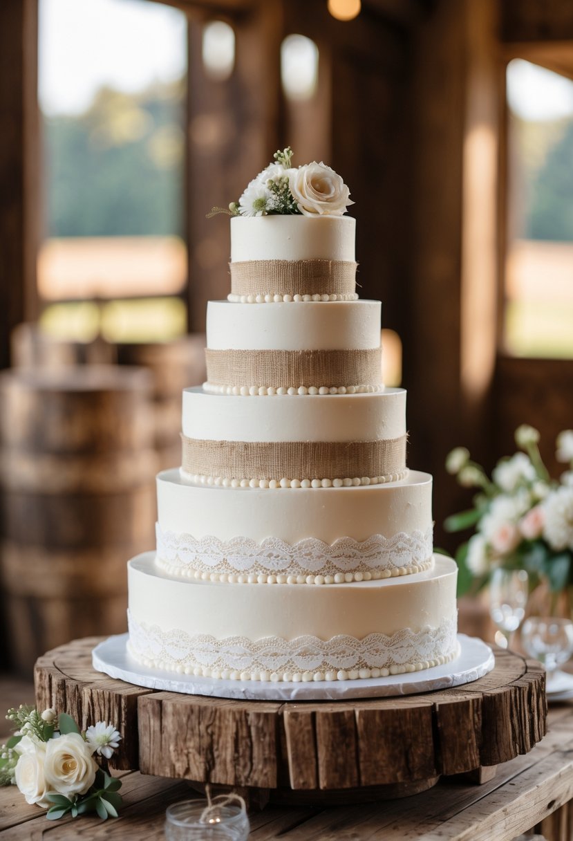 A multi-tiered wedding cake decorated with burlap and lace ribbons on a wooden table with a blurred barn setting in the background.