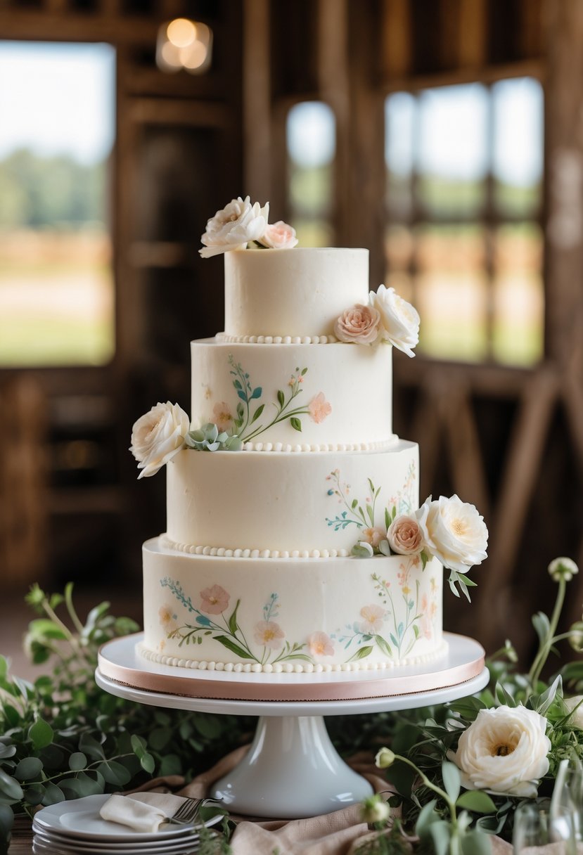 A white buttercream wedding cake with hand-painted floral decorations displayed on a wooden surface with a rustic barn background.