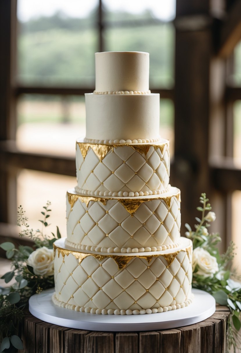 A tiered wedding cake with quilted buttercream and gold leaf accents displayed on a table with flowers in a barn setting.