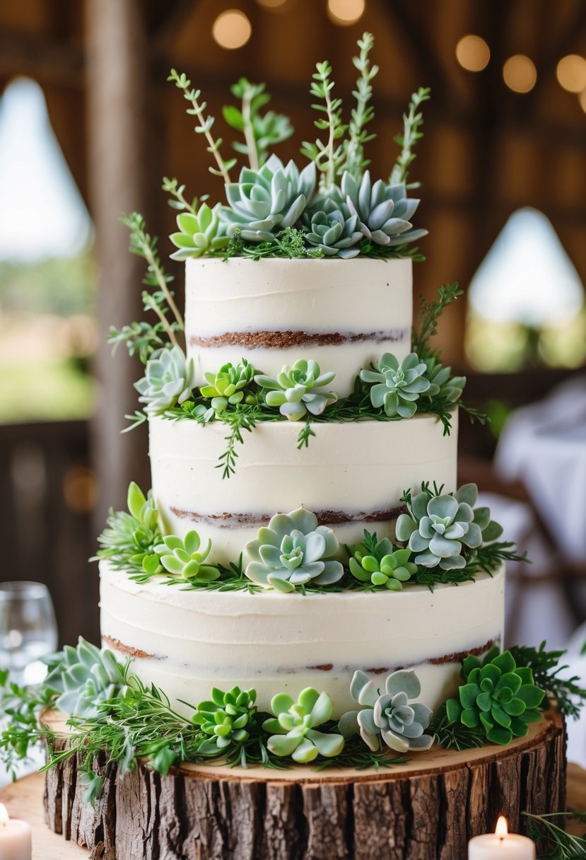 Two-tiered white wedding cake decorated with mini succulents and wild herbs on a rustic surface.