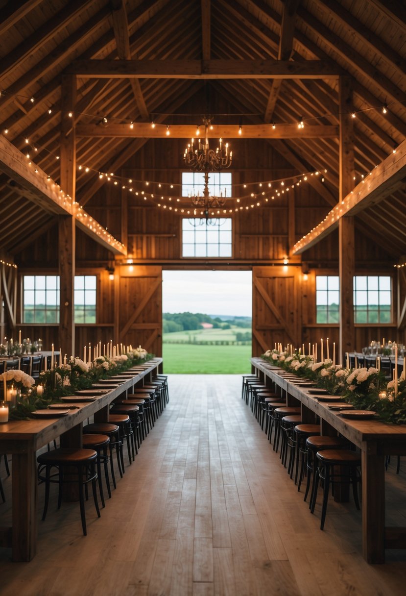 Interior of a barn venue with exposed wooden beams, decorated tables, and warm lighting for a wedding.