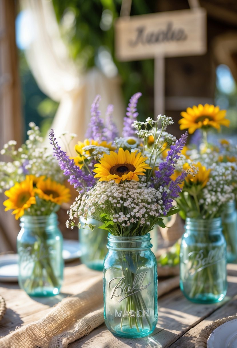Mason jars filled with colorful wildflowers arranged on a wooden table in a rustic outdoor setting.