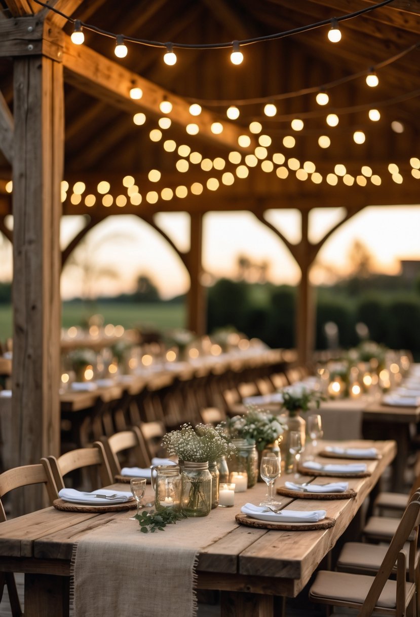 String lights hanging from wooden ceilings illuminating a rustic wedding reception with wooden beams and floral decorations.