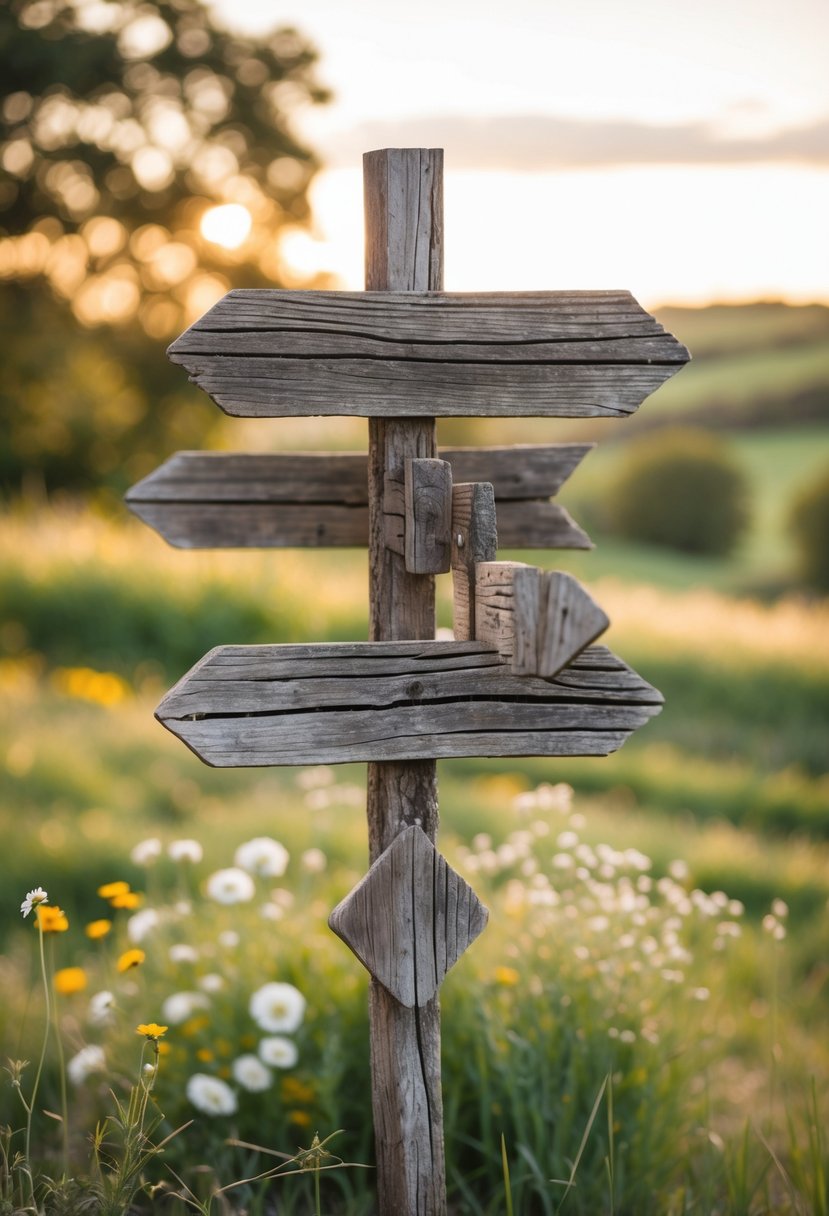 A wooden signpost with several arrow-shaped planks pointing in different directions, standing outdoors in a countryside setting with wildflowers and trees in the background.