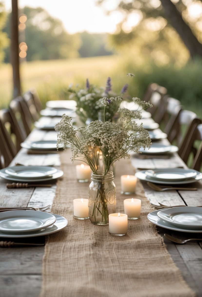 A rustic wedding table with burlap runners, white plates, glassware, wildflower centerpieces, and candles in an outdoor setting.