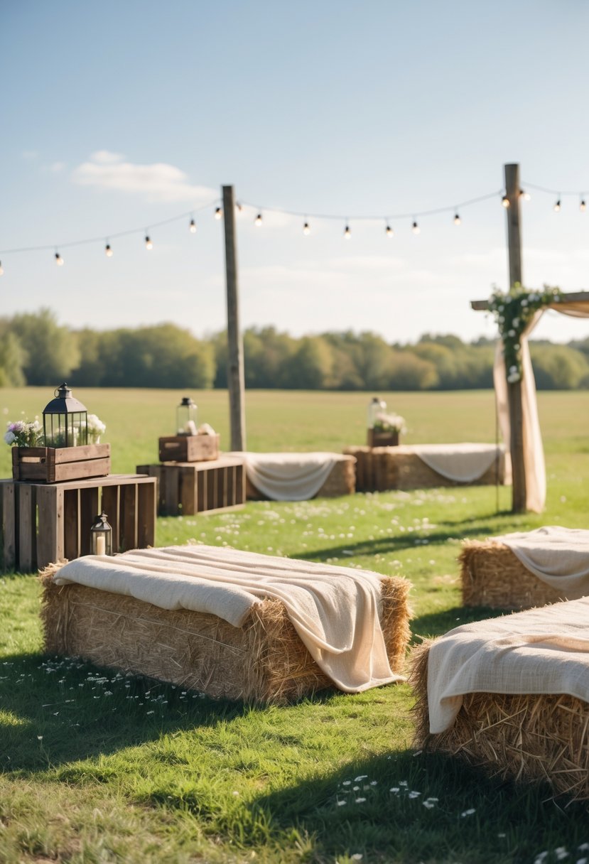 Outdoor wedding seating area with hay bales covered by blankets arranged in a grassy field decorated with lanterns and flowers.