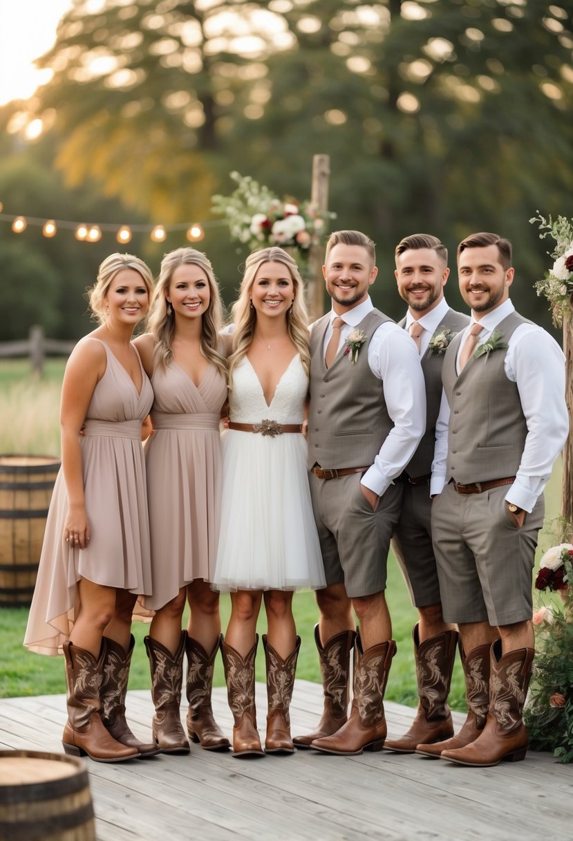 A bridal party outdoors wearing cowboy boots with rustic wedding attire, standing together on a wooden deck surrounded by natural decorations.