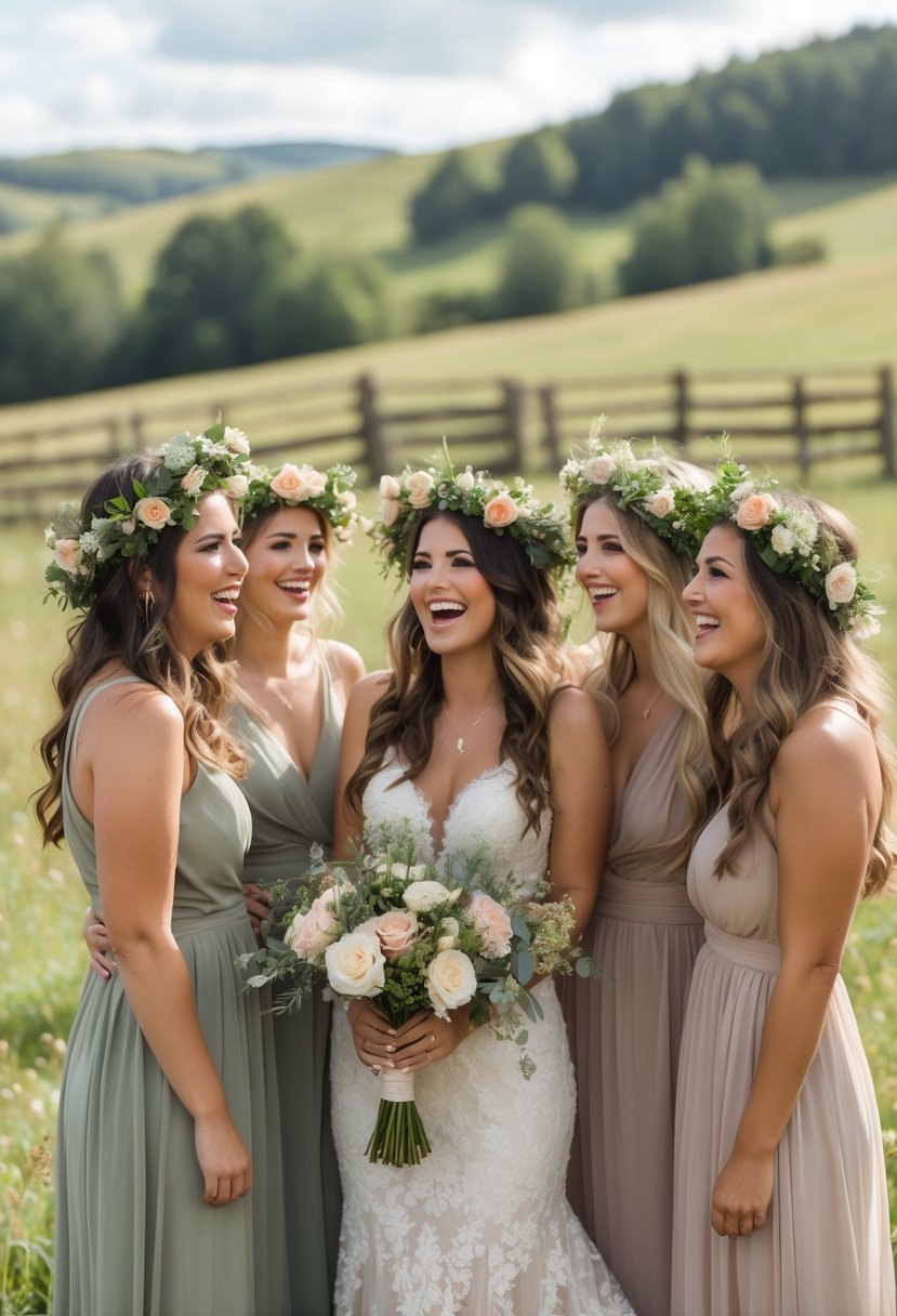 Bride and bridesmaids outdoors wearing flower crowns and dresses, standing in a sunlit meadow with rustic countryside scenery.
