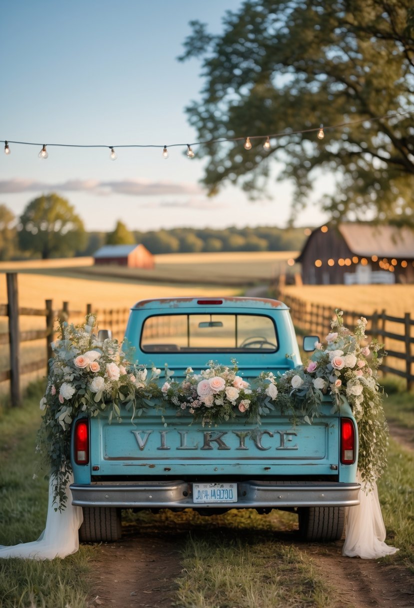 A vintage pickup truck decorated with flowers parked in a countryside setting with wooden fences and barns in the background.