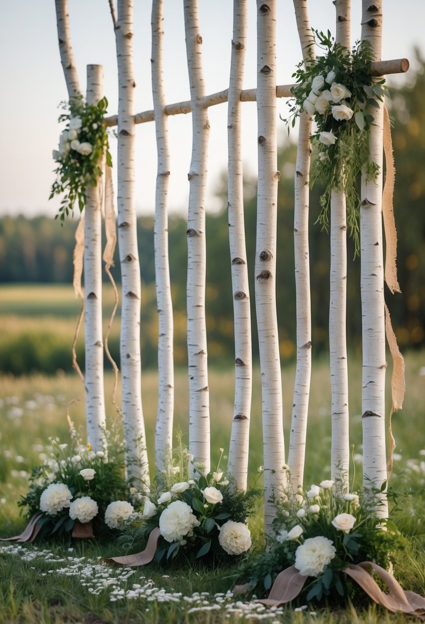 Birch wood backdrop made of vertical tree trunks decorated with greenery and white flowers outdoors in a countryside setting.