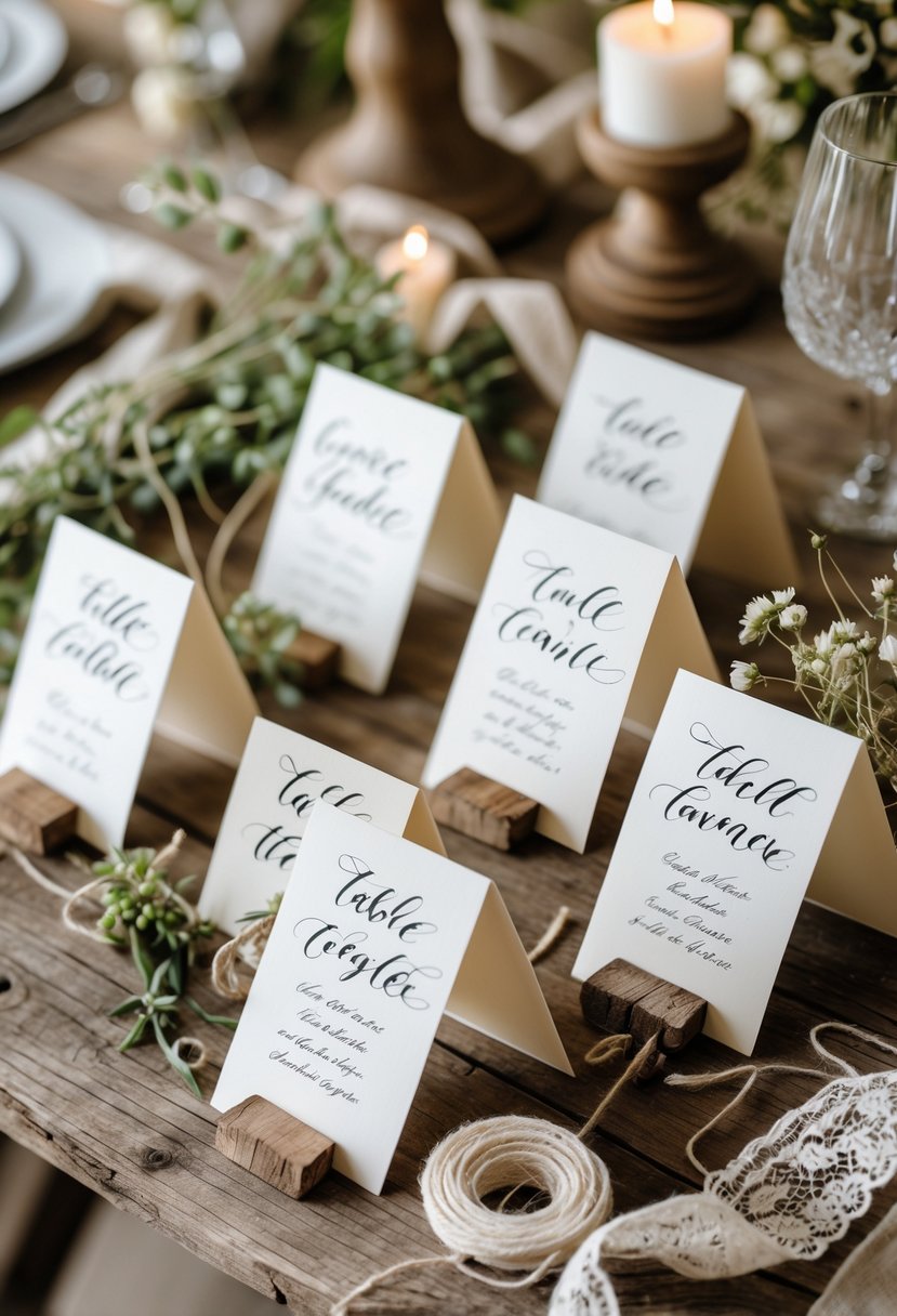 A wooden table with handwritten escort cards arranged alongside greenery and small flowers in a rustic wedding setting.