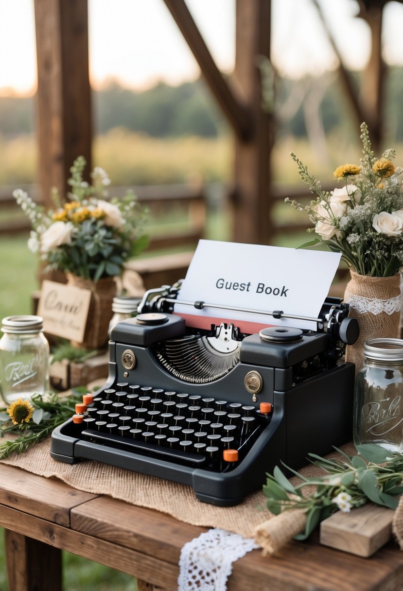 An antique typewriter on a wooden table decorated with flowers and rustic wedding items.