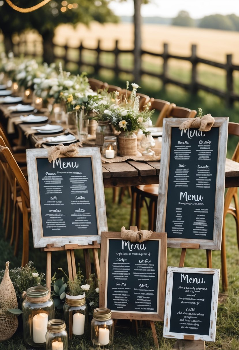 Rustic country wedding setup with chalkboard signs, wooden tables, floral decorations, and outdoor countryside background.