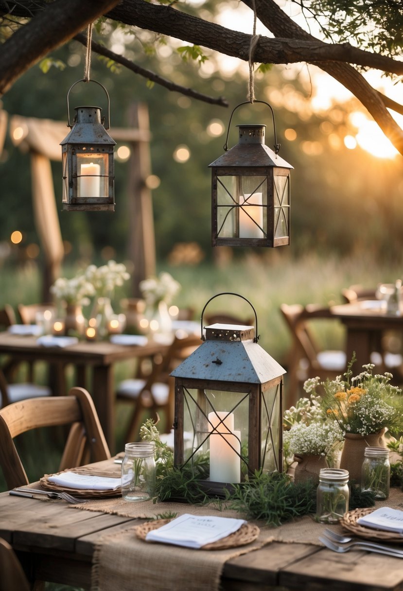 Outdoor scene with rustic lanterns hanging from trees and wooden beams, softly illuminating a country wedding setup with wooden tables and floral decorations.