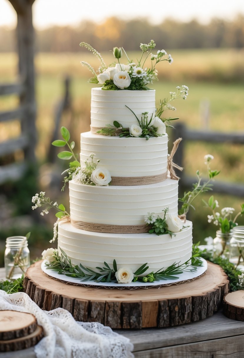 A multi-tiered wedding cake decorated with flowers and greenery on a wooden table outdoors.