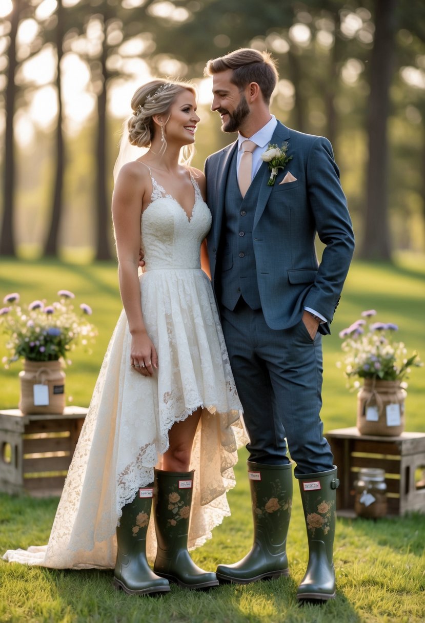 Bride and groom standing outdoors wearing wellington boots on their wedding day in a grassy field with trees and rustic decorations around them.