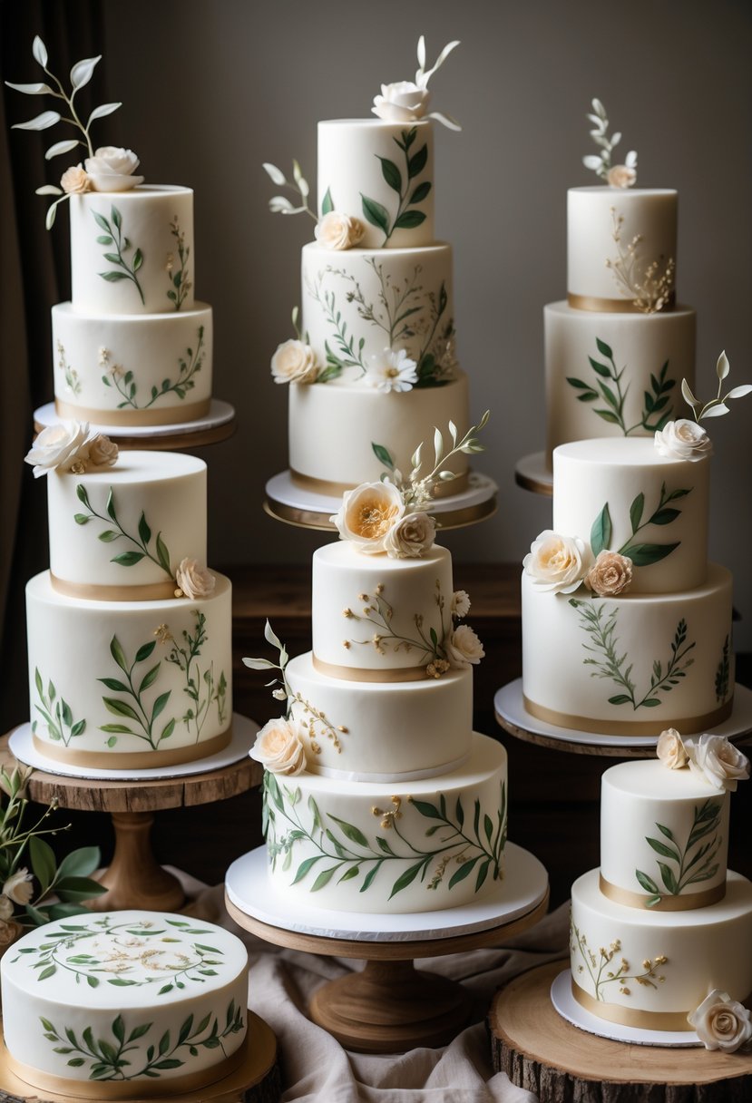 Sixteen beautifully decorated wedding cakes featuring detailed botanical designs arranged together on a table.