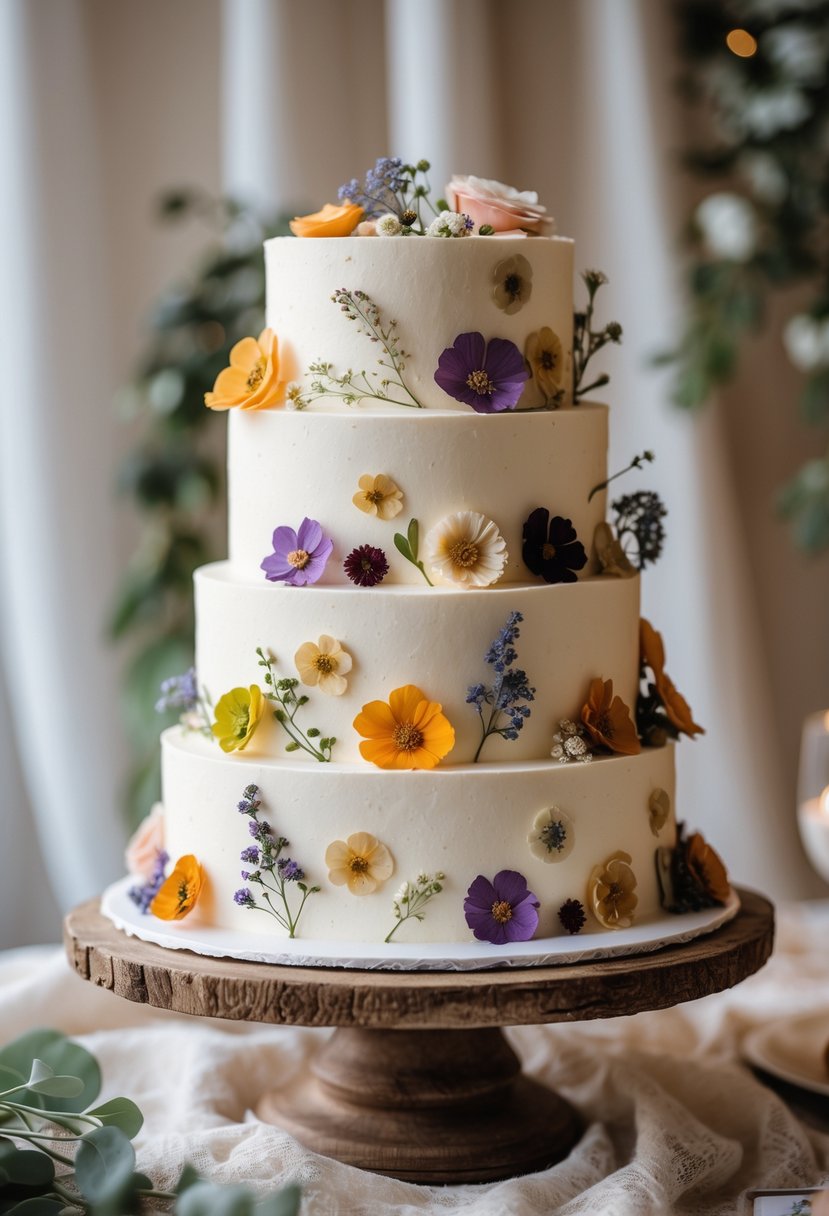 A multi-tiered buttercream wedding cake decorated with pressed edible flowers on a wooden stand with greenery in the background.