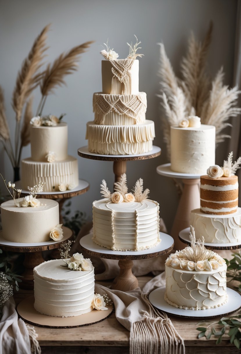 A display of sixteen wedding cakes with textured frosting and decorative accents arranged on a wooden table with natural lighting.