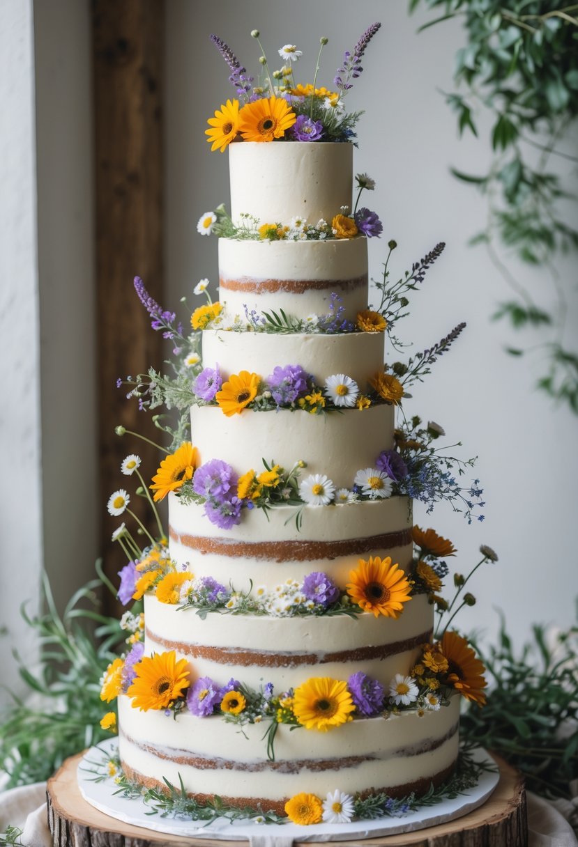 A tall multi-tiered wedding cake decorated with cascading colorful wildflowers on a neutral background.