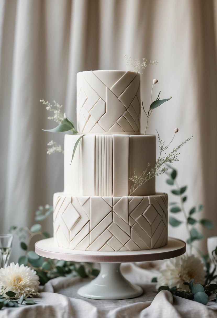 A multi-tiered wedding cake decorated with geometric patterns, surrounded by greenery and flowers on a neutral background.