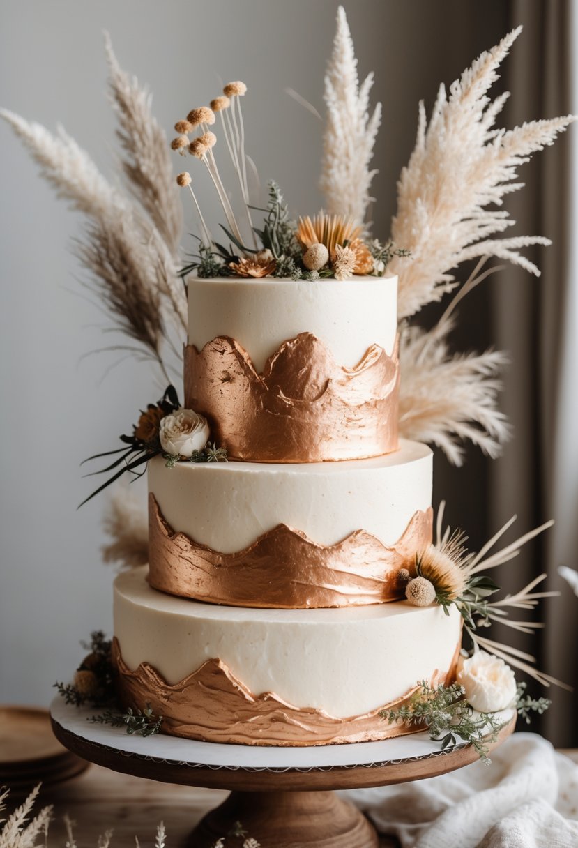 A multi-tiered wedding cake decorated with buttercream frosting and metallic accents, adorned with dried flowers and greenery on a wooden stand.