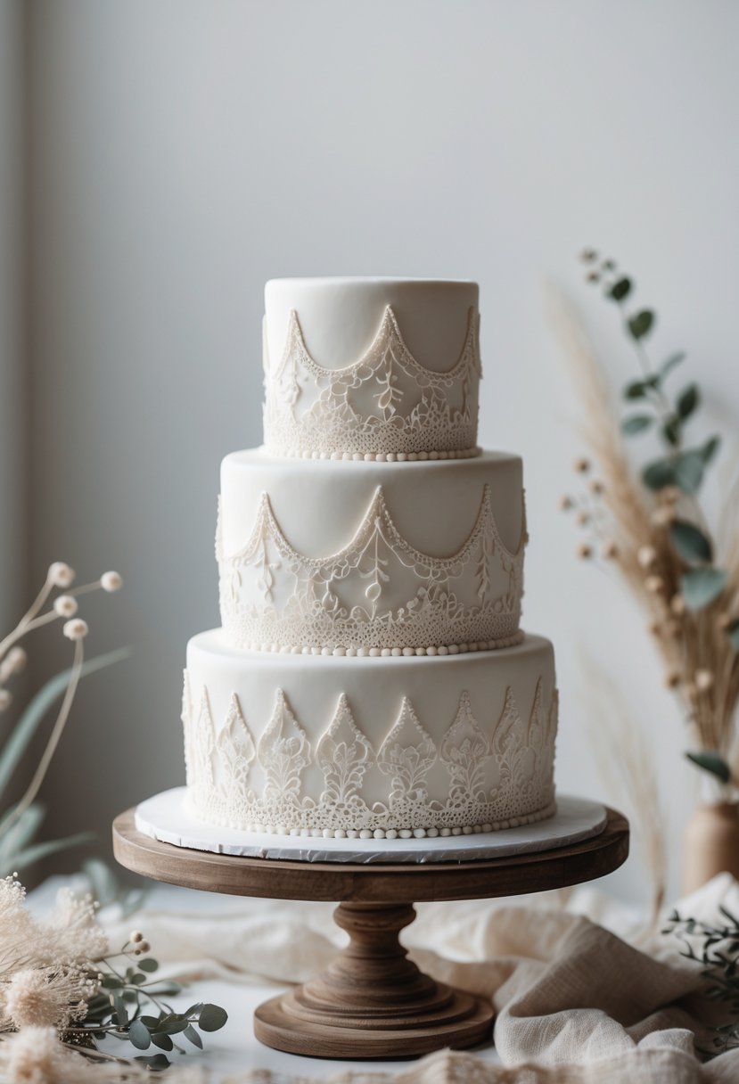 Two-tier white wedding cake with detailed lace-like decorations on a wooden stand surrounded by flowers and greenery.