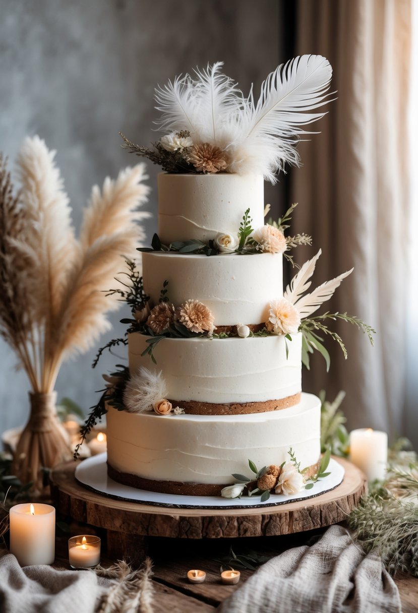 A multi-tiered wedding cake decorated with feathers and dried flowers on a wooden table with soft natural lighting.