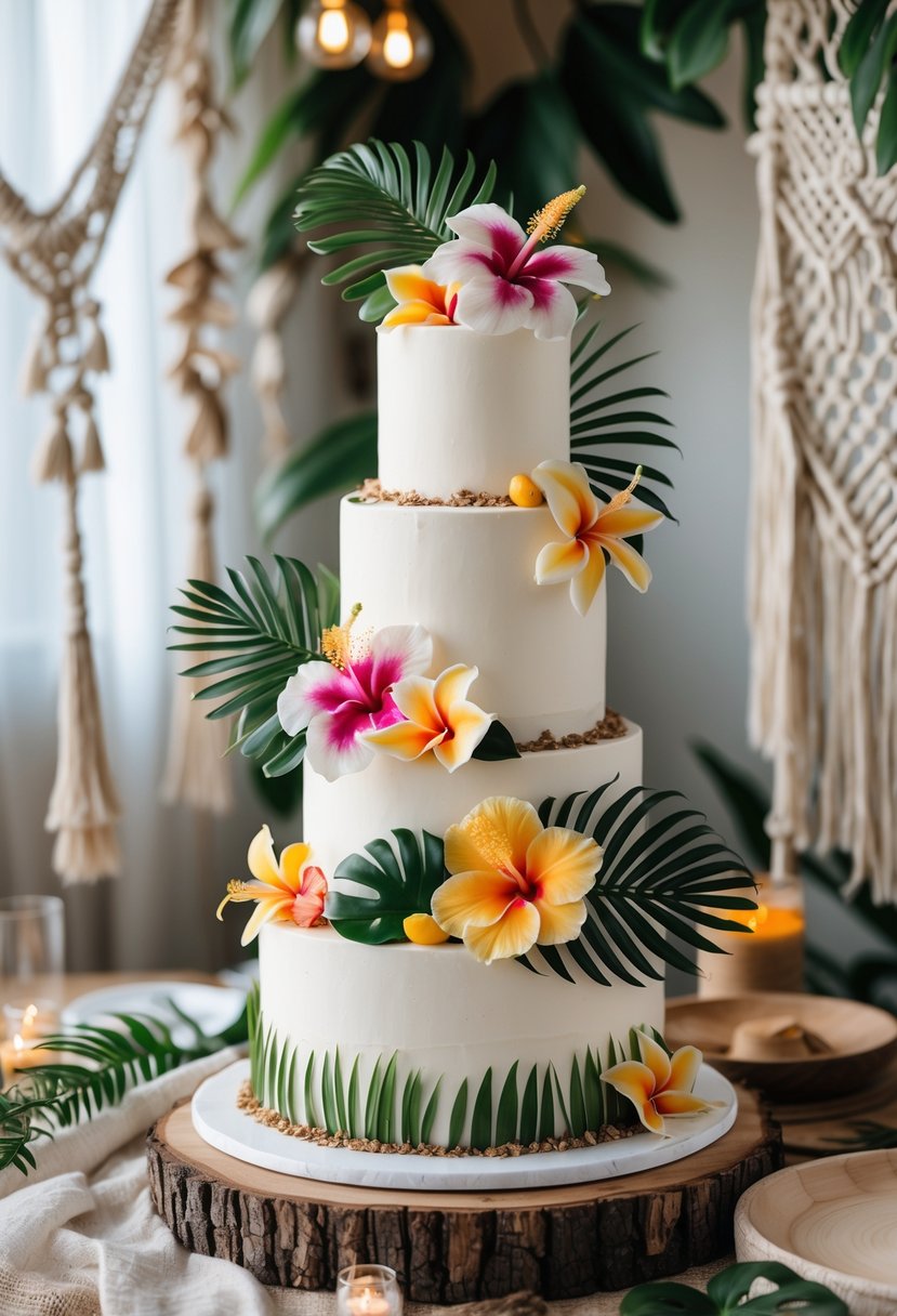 A multi-tiered wedding cake decorated with tropical flowers and greenery on a wooden table.