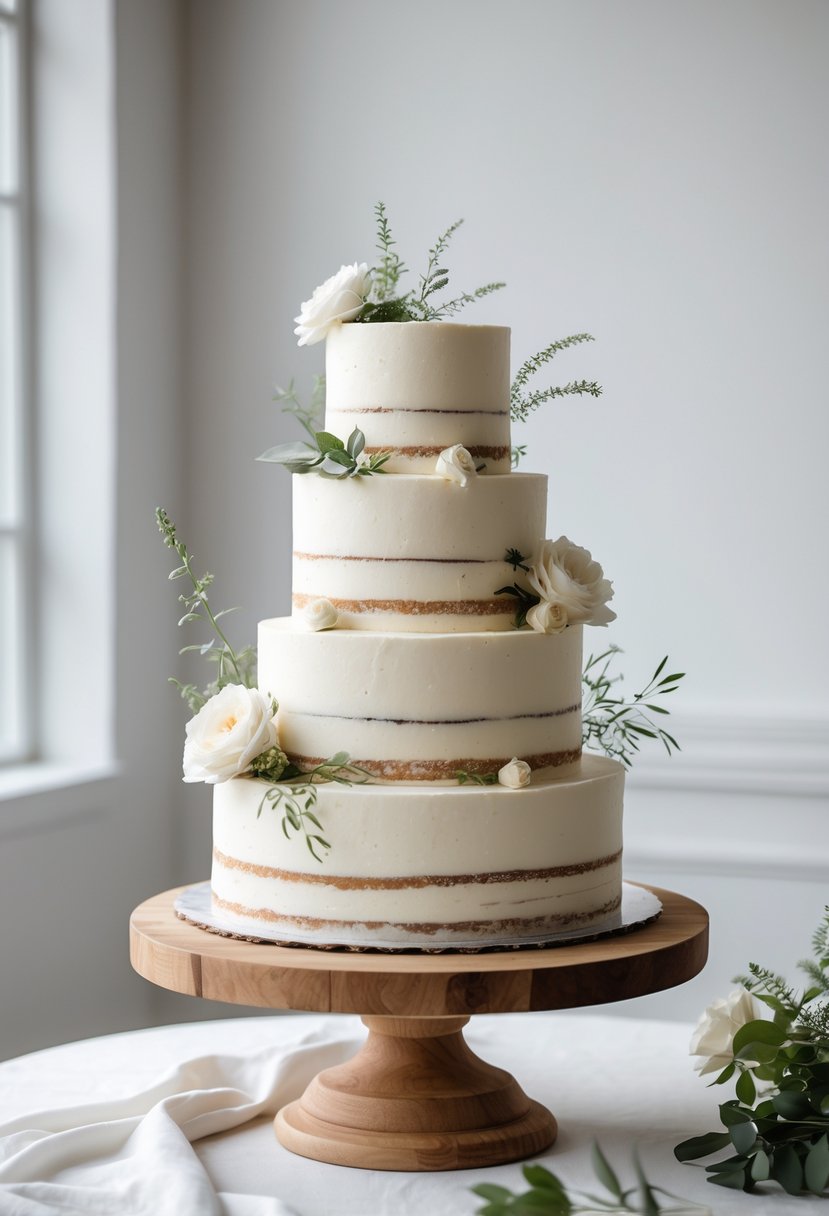 A multi-tiered wedding cake on a natural wood cake stand with floral decorations.