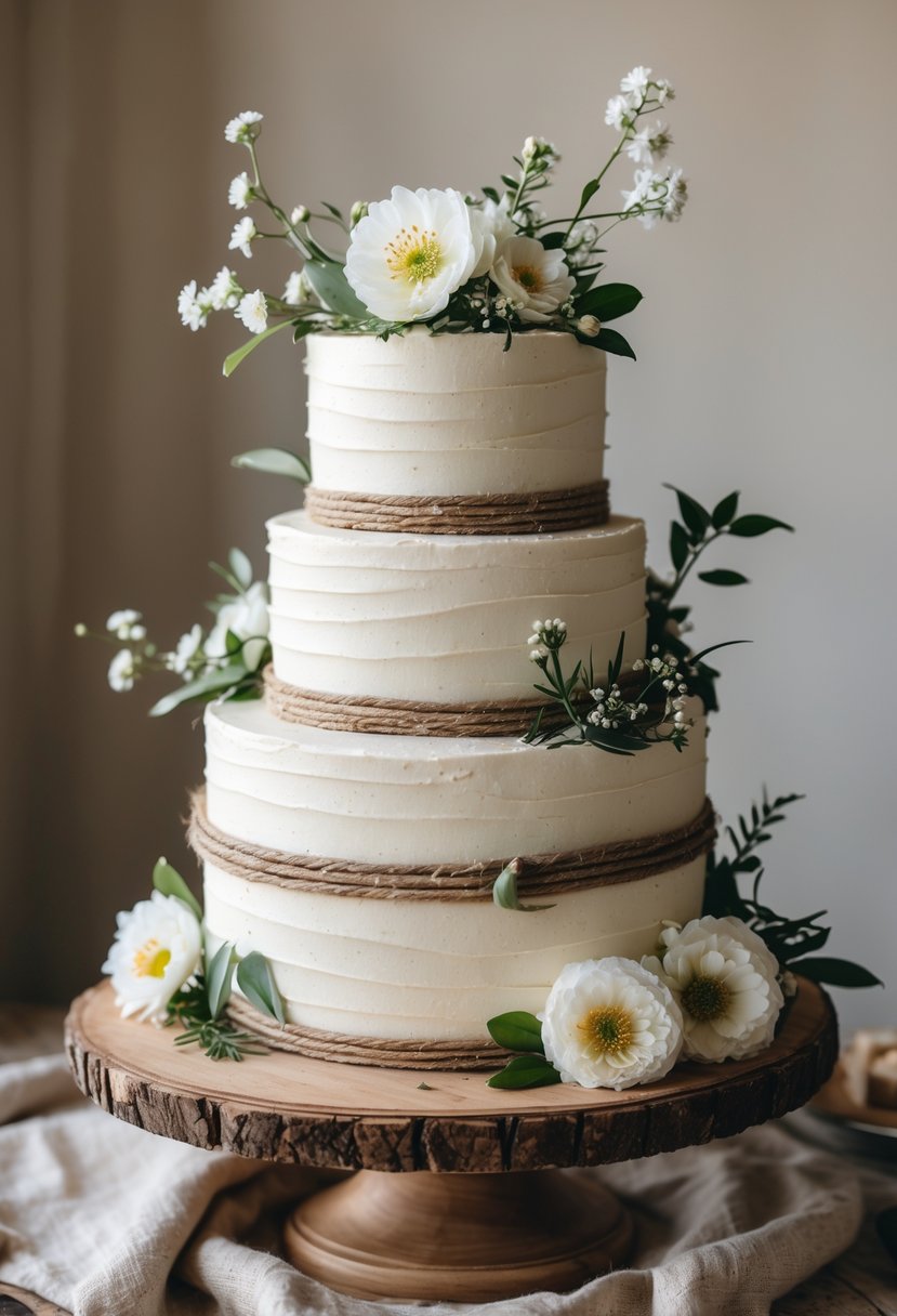 A wedding cake decorated with buttercream, twine, and fresh flowers on a wooden stand.