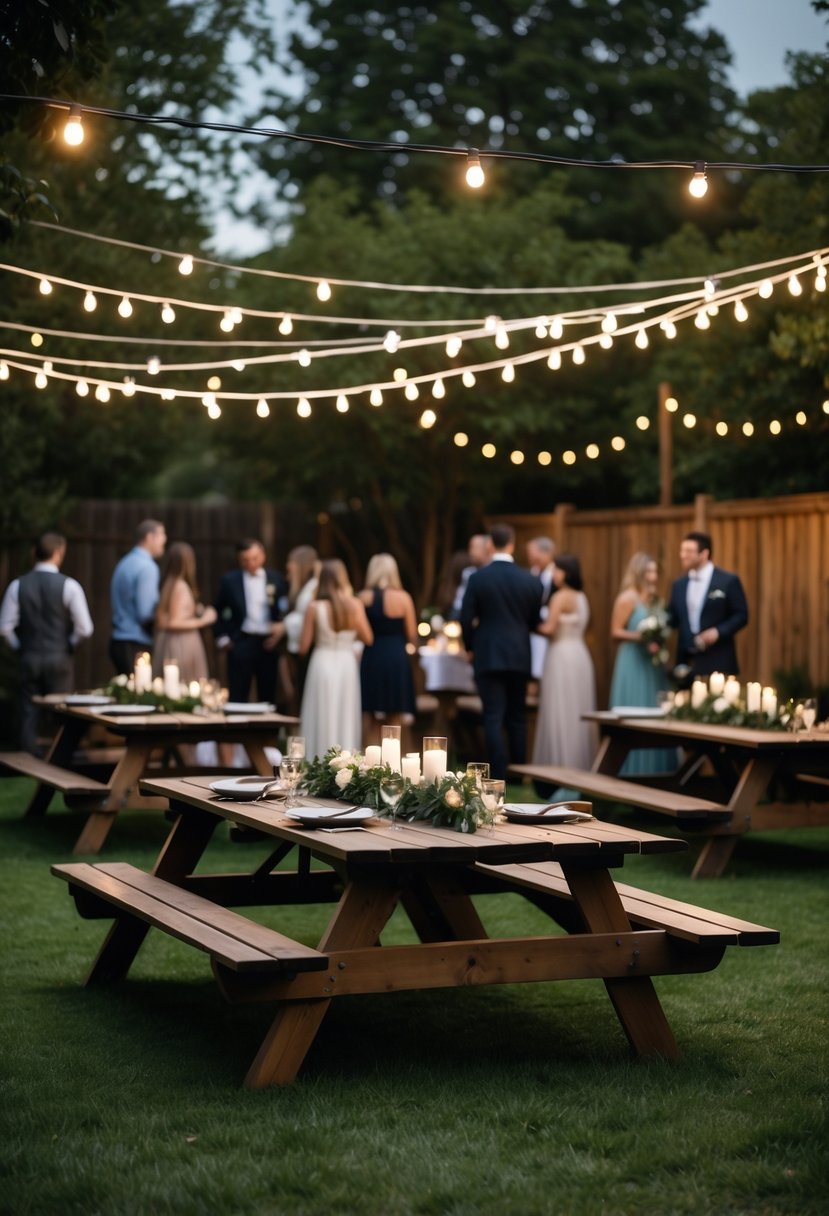 Backyard with picnic tables and string lights set up for a casual outdoor gathering with people socializing.