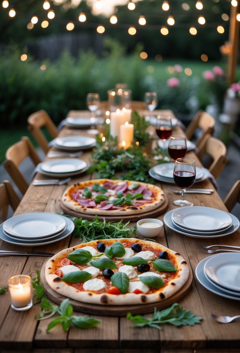 A wooden table outdoors set for a casual pizza night with assorted gourmet pizzas, wine glasses, candles, and string lights in the background.