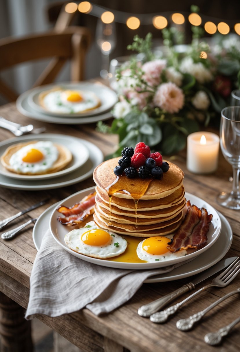 A table set with pancakes topped with syrup and berries, crispy bacon, and sunny-side-up eggs, with floral decorations and soft lights in the background.