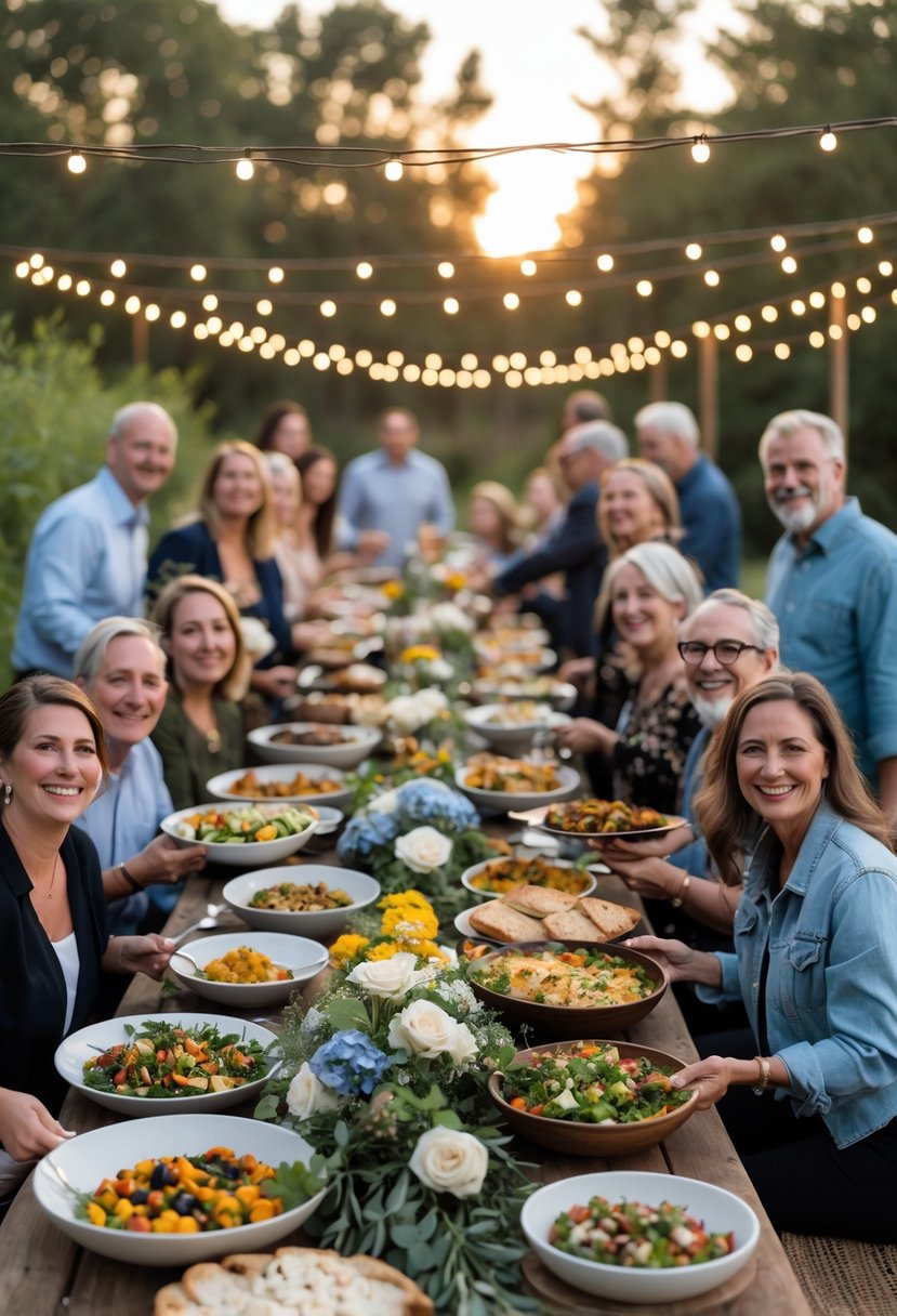 Guests enjoying a potluck-style wedding rehearsal dinner outdoors around a long table filled with various homemade dishes.