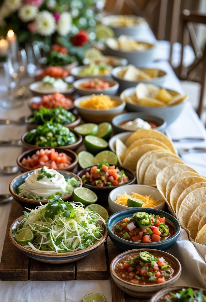 A taco bar with various fresh toppings and salsas arranged on a table for a wedding rehearsal dinner.